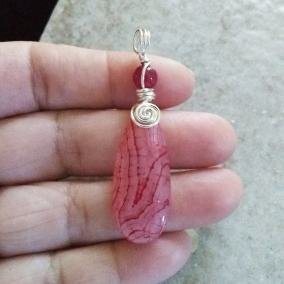 Hand Crafted Jewelry - Sleek & Slender! Elongated Teardrop Pendant: Wire Wrapped Agate + Garnet